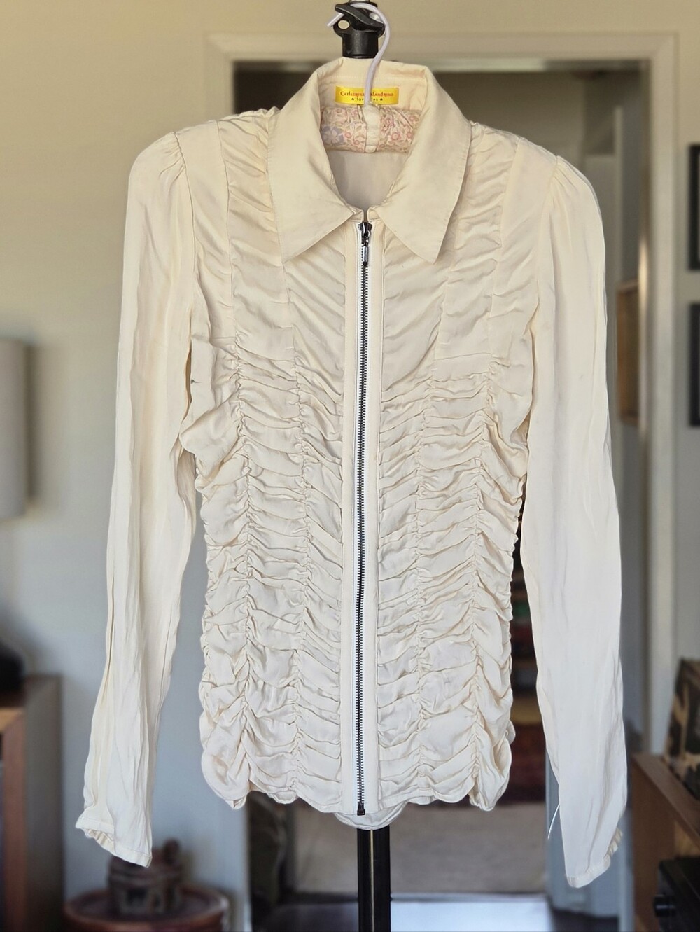 Catherine Malandrino Cream Ruched-Front Zip-up Blouse - 90s / Y2K Revival
